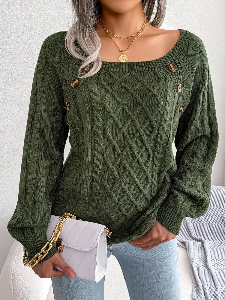 Women's Casual Button Decor Loose Cable Knit Sweater
