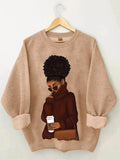 Women's Warm Black Woman Art Print Casual Sweatshirt