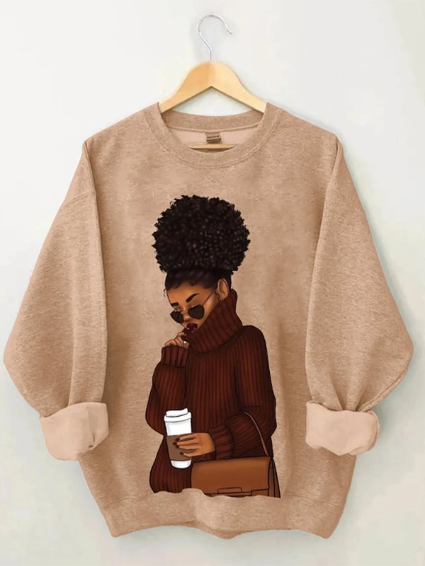 Women's Warm Black Woman Art Print Casual Sweatshirt