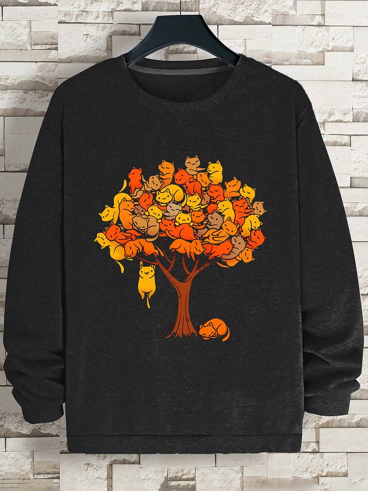 Men's A Group Of Cats On The Tree Print Cotton Casual Sweatshirt