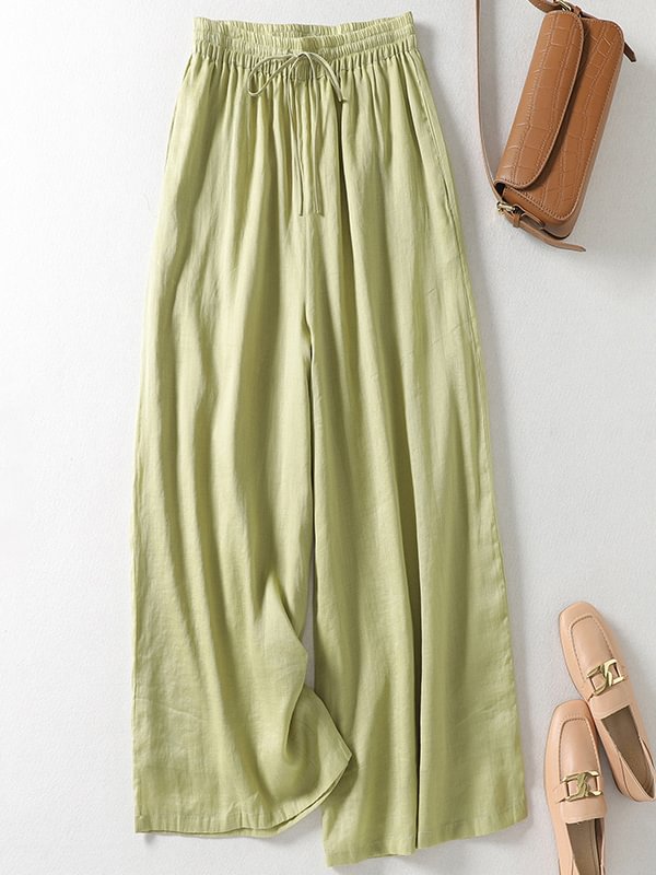 Women's Solid Cotton Linen High Waisted Wide Leg Loose Pants