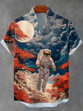 Men's Japanese Ukiyo-e Trippy Astronaut Print Linen Blend Shirt