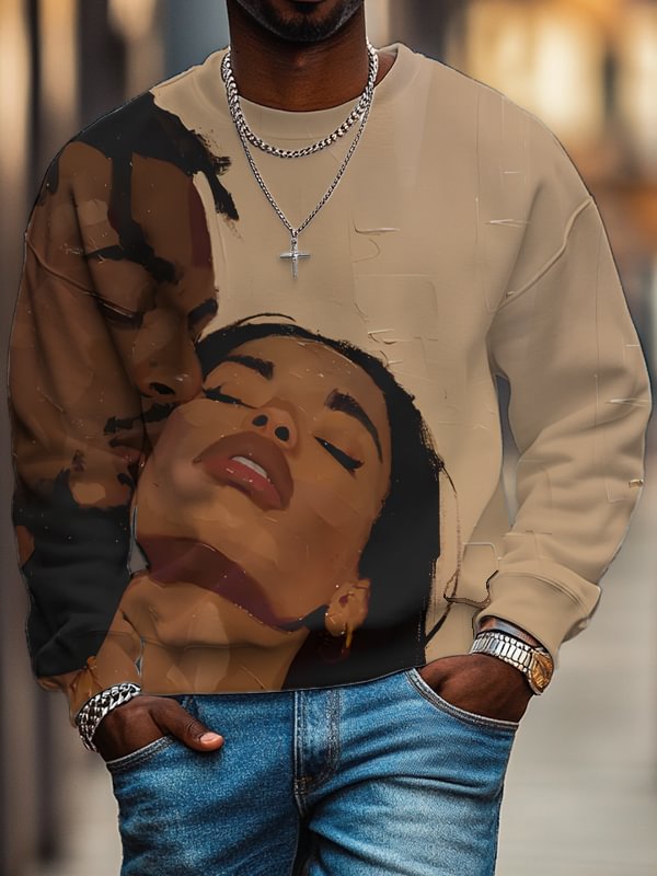 Men's Black Couple Man Kiss Woman Valentine's Day Oil Painting Print Casual Sweatshirt