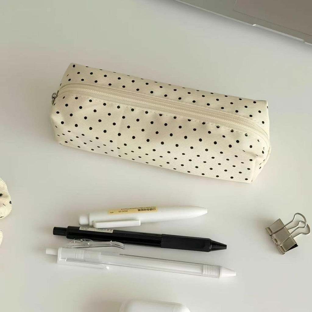 Canvas Polka Dot Pencil Case - Korean Style, Simple, High-Aesthetic Stationery Pouch for Middle/High School Girls
