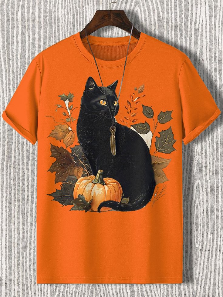 Men's Halloween Plant Black Cat Pumpkin Illustration Print Cotton Casual T-Shirt