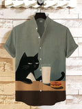 Men's Cat Milk And Donut Print Linen Blend Shirt
