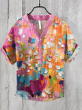 Men's Vintage Oil Painting Art Print Half Button Linen Blend Shirt