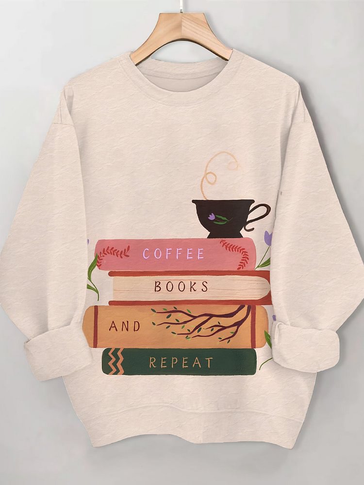 Women's Coffee Books And Repeat Art Print Casual Sweatshirt