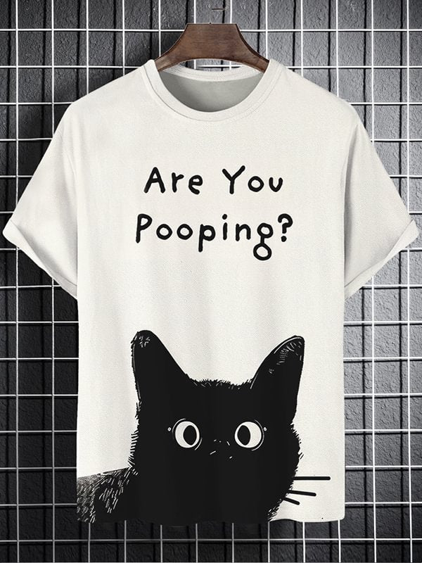 Men's Funny Black Cat Are You Pooping Graphic Print T-Shirt