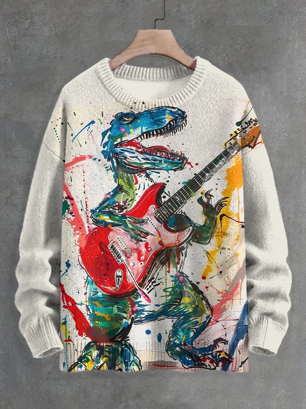 Men's Rock Dinosaur Playing Guitar Art Print Knit Sweatshirt