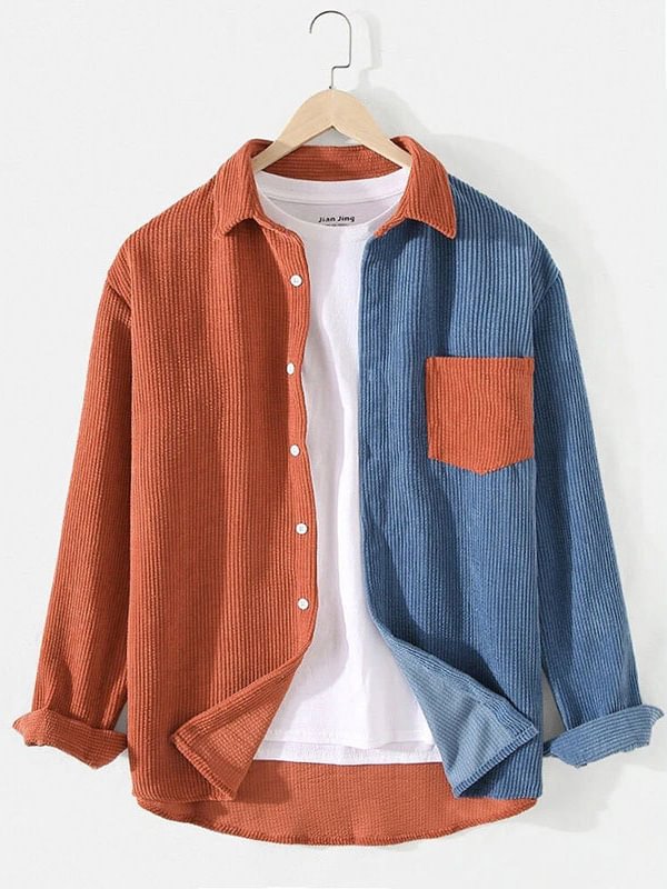 Men's Contrast Color Chest Pocket Turndown Collar Corduroy Shirt