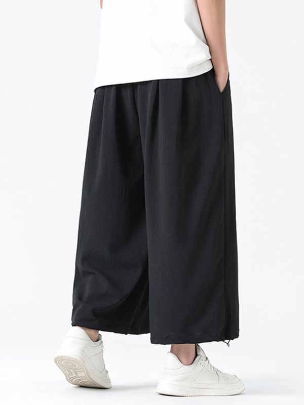 Men's Plain Loose Wide Leg Drawstring Waist Casual Cropped Pants