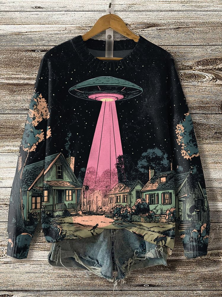 Women's Midnight UFO Coming Sci-Fi Art Print Knit Sweatshirt