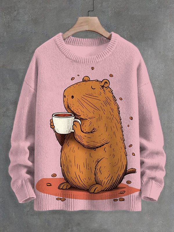 Men's Capybara Drinking Coffee Fun Print Knit Sweatshirt