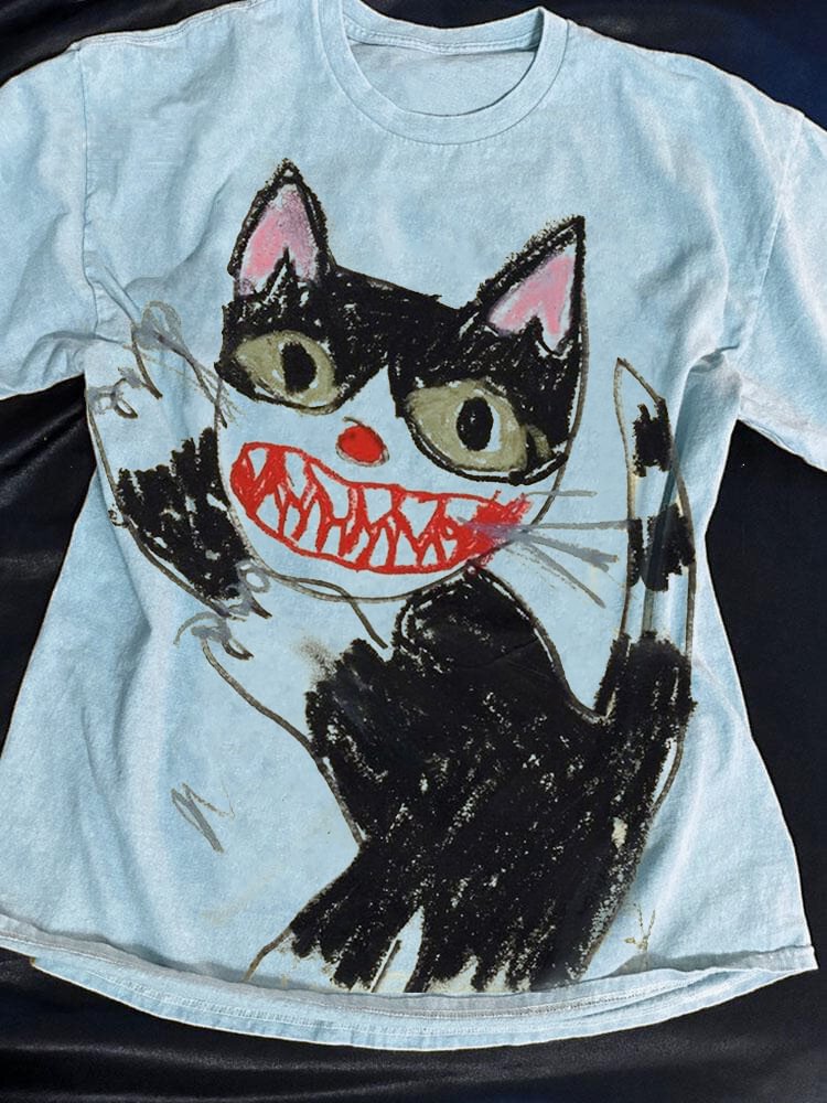 Men's Horror Cat Crayon Art Print Casual T-Shirt