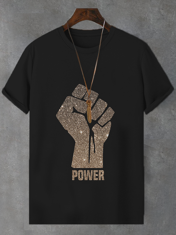Men's Black Power Fist Graphic Print Casual T-Shirt