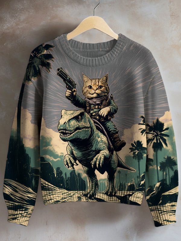 Women's Cat And Dinosaur Fantasy Adventure Art Print Knit Sweatshirt