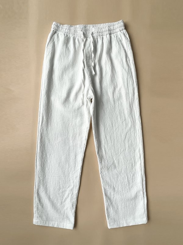Men's Casual Solid Slant Pocket Elastic Waist Drawstring Straight-Leg Cotton Pants