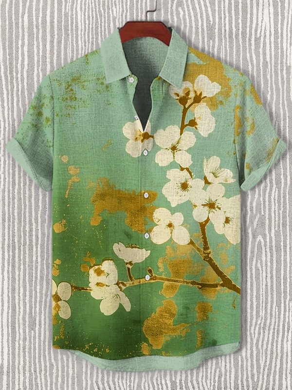 Men's Gold Foil Cherry Blossoms Japanese Art Print Casual Shirt