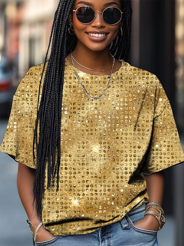 Women's Gold Polka Dot Pattern All Over Print Casual T-Shirt