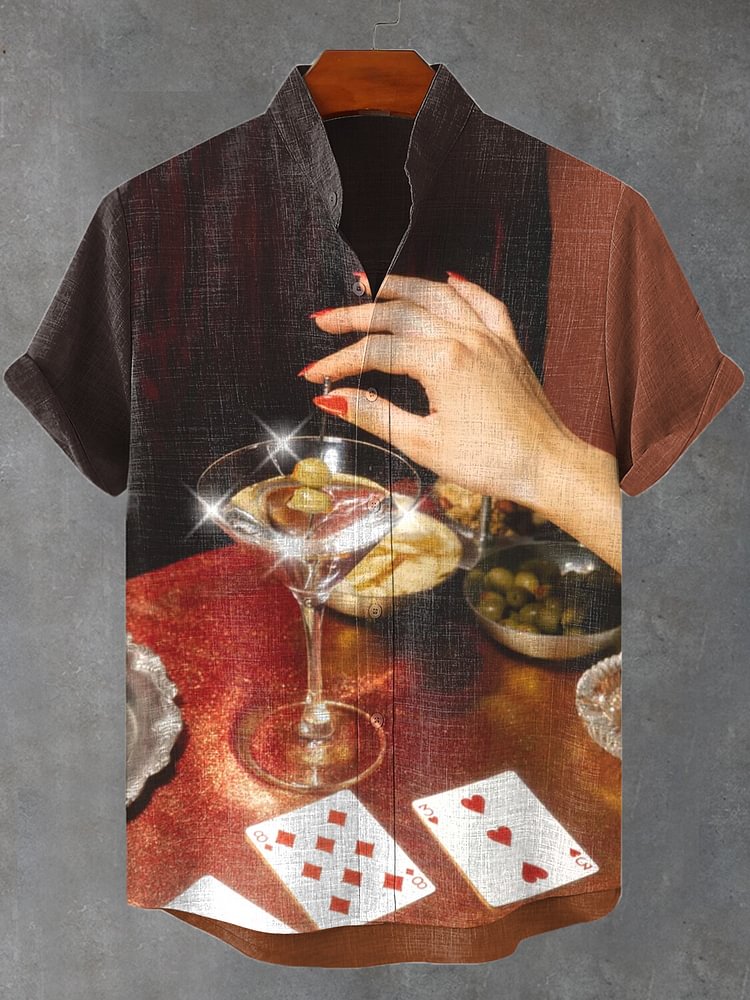 Men's Playing Poker And Drinking Cocktails Print Casual Shirt