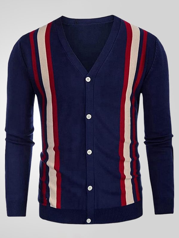 Men's Casual Striped Print Single Breasted V Neck Knit Cardigan