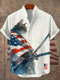 Men's American Flag Robe Cat Ink Painting Short Sleeve Linen Blend Shirt