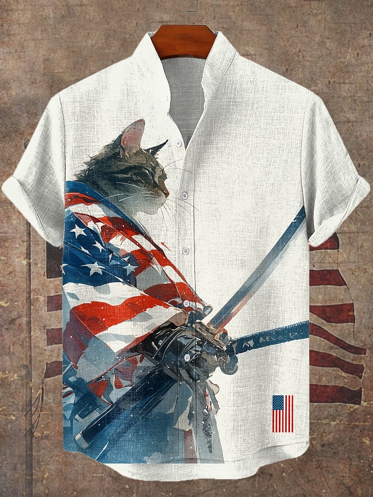 Men's American Flag Robe Cat Ink Painting Short Sleeve Linen Blend Shirt