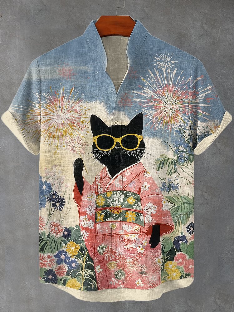 Men's Kimono Black Cat Flowers Fireworks Print Shirt