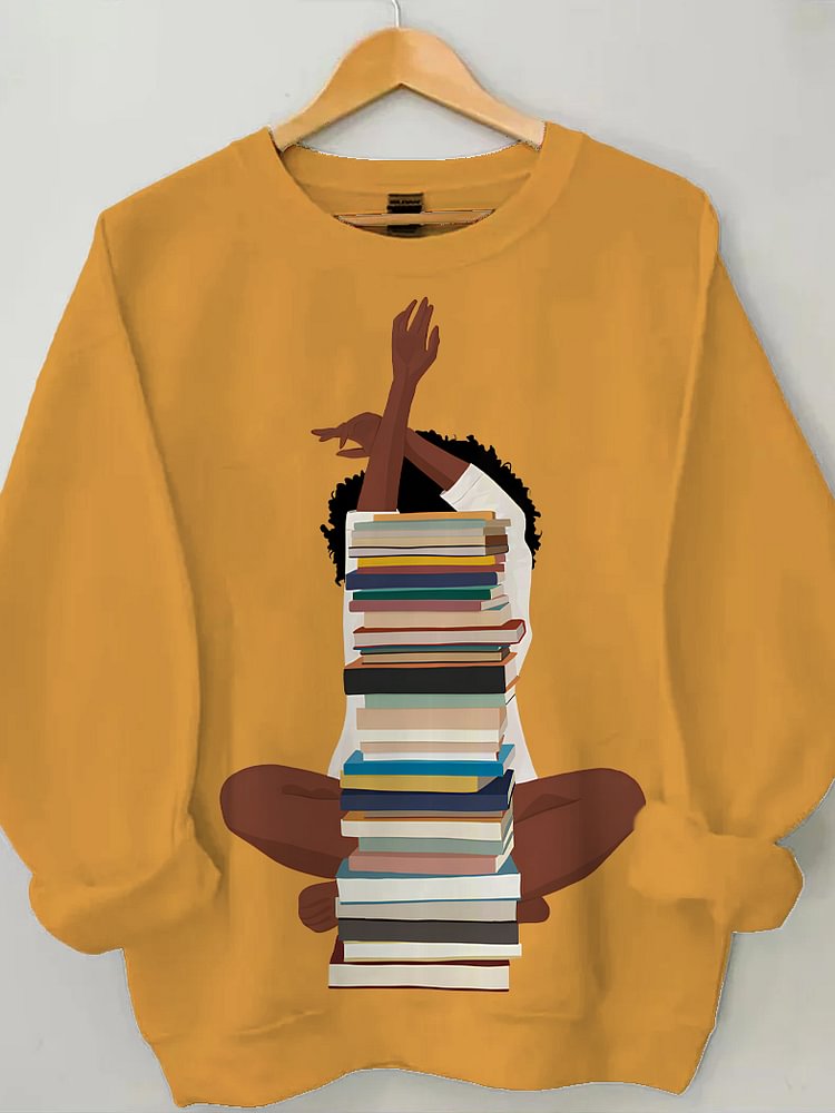 Women's Reading Lover Graphic Print Cotton Long Sleeve T-Shirt Thin Sweatshirt