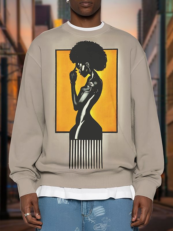 Men's Black Woman Portrait Illustration Print Casual Sweatshirt