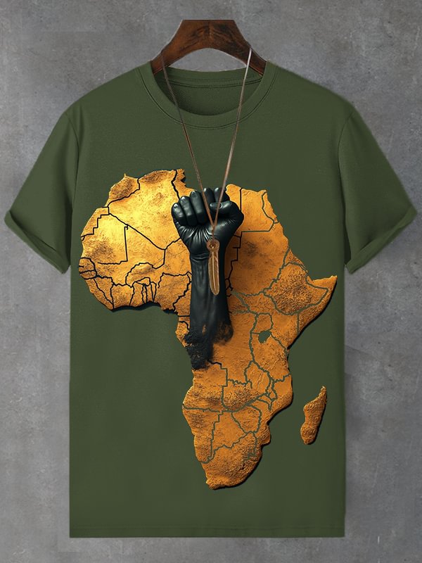 Men's African Map Black Fist Three-Dimensional Print Cotton Casual T-Shirt