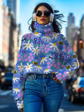 Women's Bees Flowers Cartoon Art Print High Neck Knit Sweatshirt