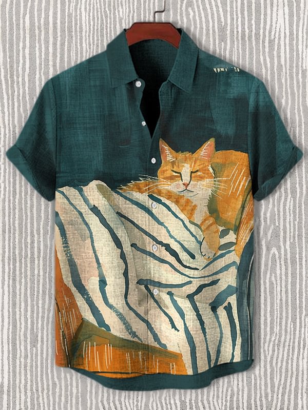 Men's Sleeping Cat Funny Print Casual Shirt