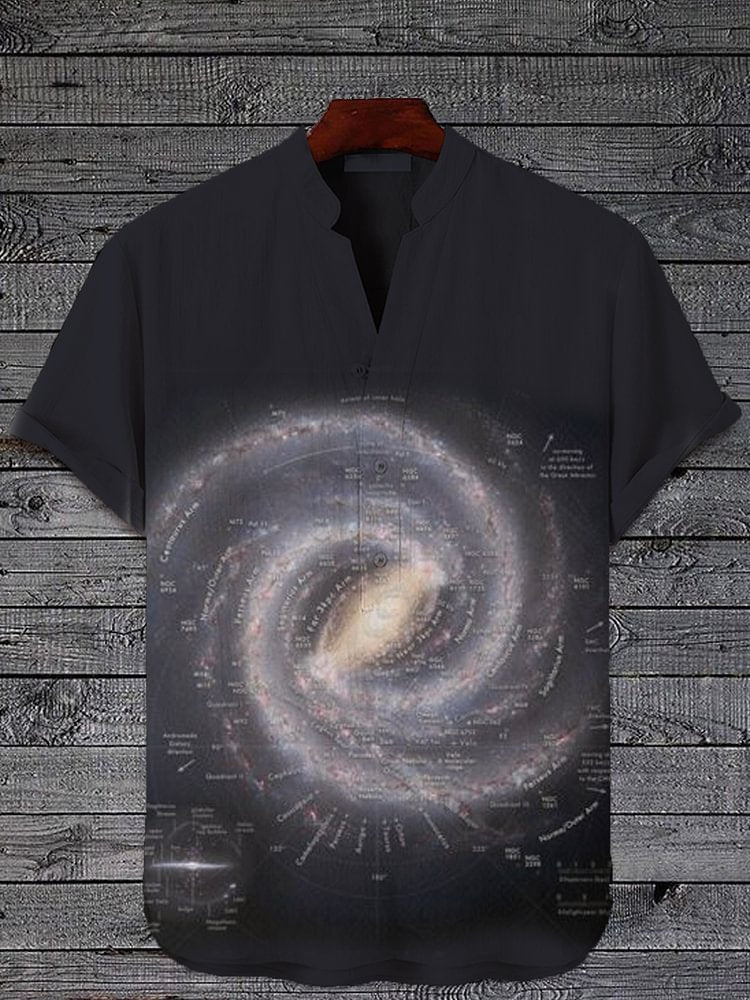Men's Milky Way Galaxy Map Print Half Button Short Sleeve Shirt