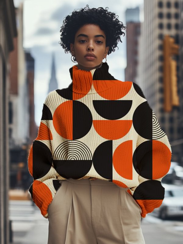 Women's Colorblock Geometric Graphic Print High Neck Knit Sweatshirt