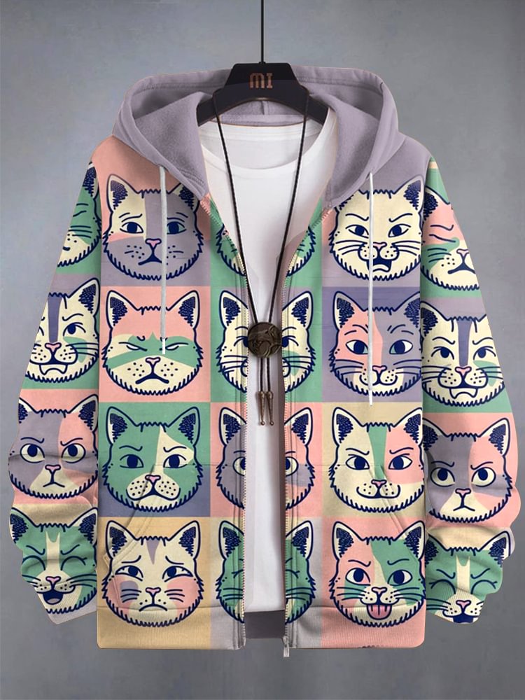 Men's Funny And Cute Cat Color Contrast Art Print Hooded Zip Up Jacket