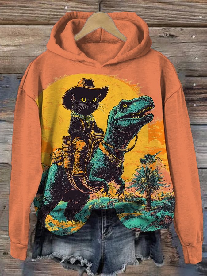 Women's The Fantasy Journey Of Cowboy Black Cat And Dinosaur Print Hooded Sweatshirt