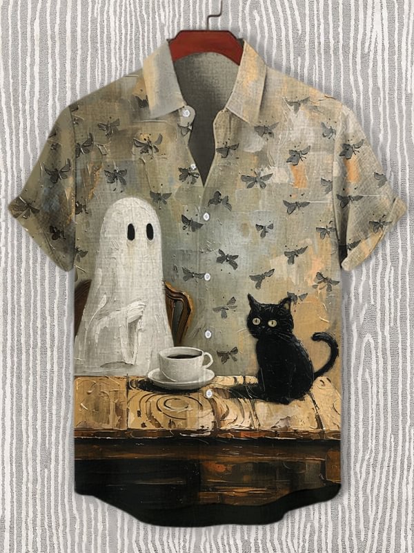 Men's Ghost And Black Cat Coffee Time Art Print Shirt