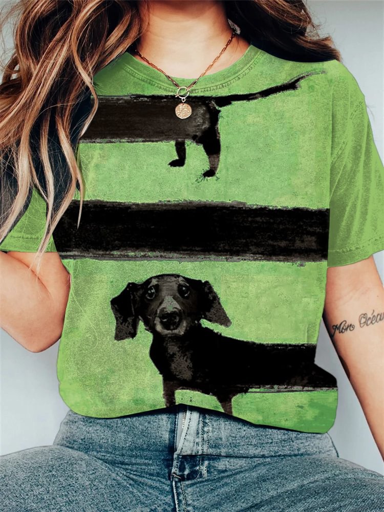 Women's Long Black Dog Crew Neck Print Casual T-Shirt