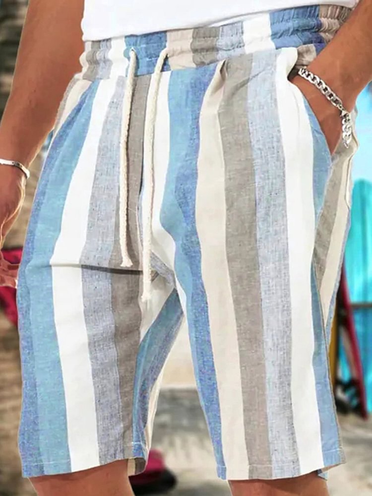 Men's Slant Pocket Striped Print Drawstring Beach Shorts