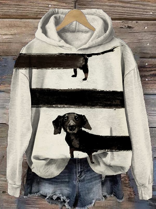 Women's Colorblock Long Black Dachshund Graphic Printed Hoodie