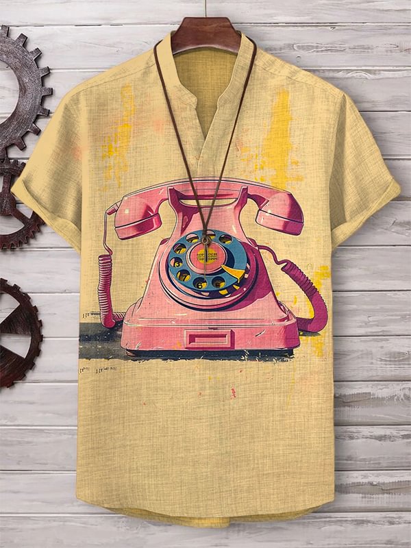 Men's Retro Telephone Pop Art Print V Neck T-Shirt