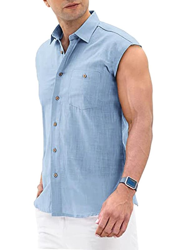 Men's Casual Solid Button Up Turndown Collar Sleeveless Shirt
