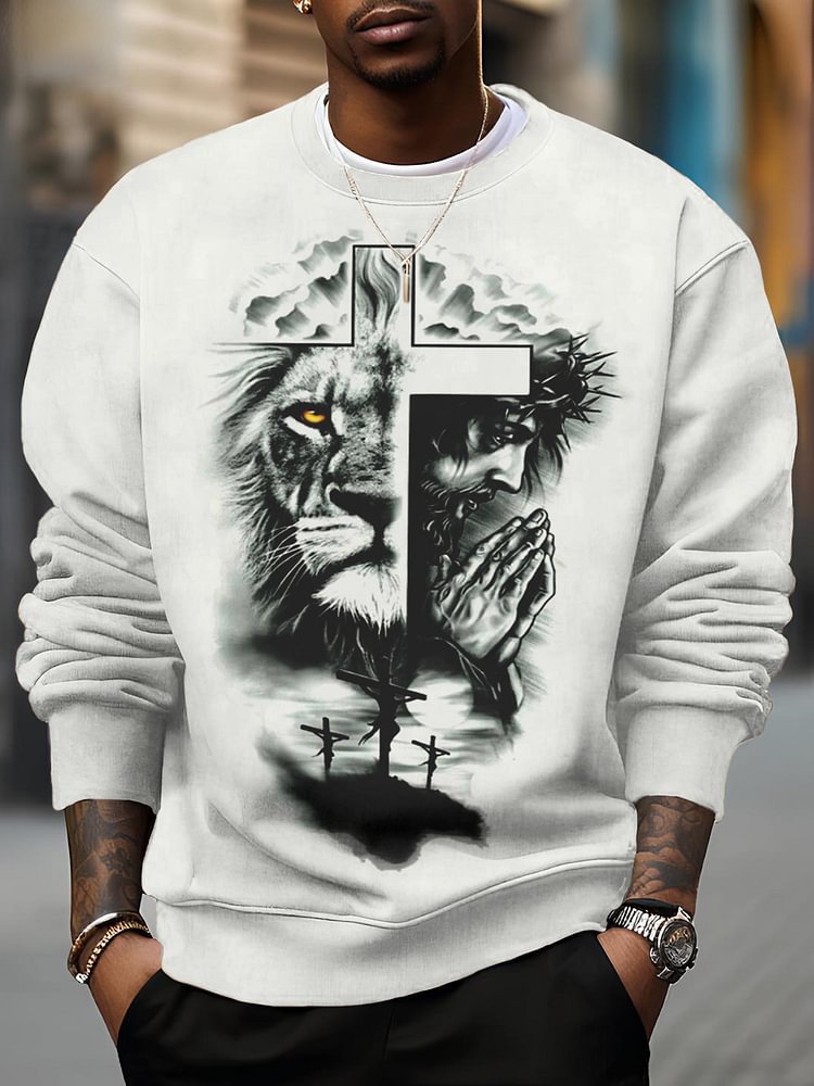 Men's Jesus Lion Cross Faith Art Print Casual Sweatshirt