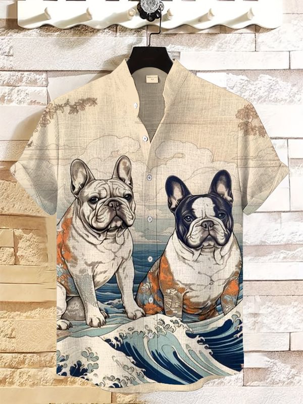 Men's Wave Bulldog Japanese Art Painting Print Linen Blend Shirt