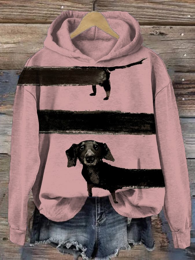 Women's Colorblock Long Black Dachshund Graphic Printed Hoodie