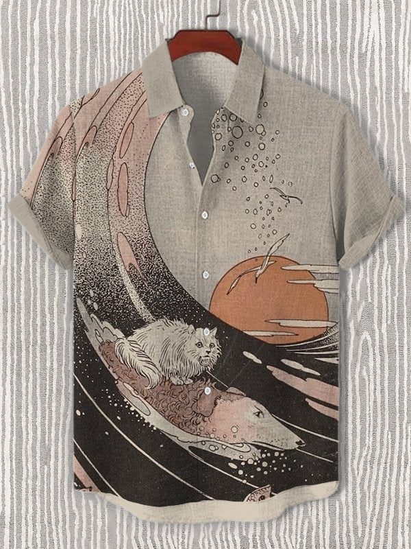 Men's Cat Riding Dog Swam Through The Sea Art Print Short Sleeve Shirt
