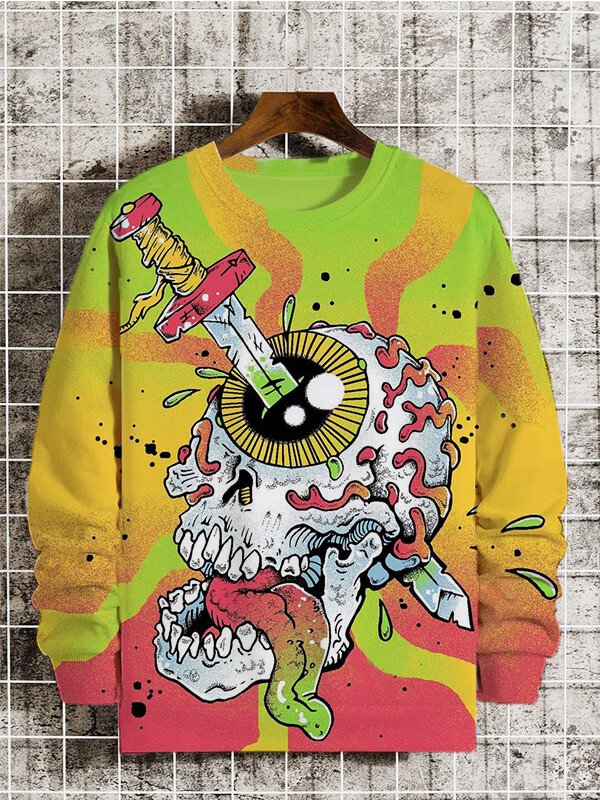 Men's Psychedelic Sword Piercing Skull Eye Art Print Casual Sweatshirt