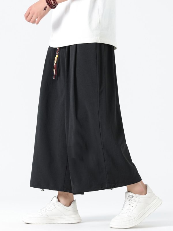 Men's Plain Loose Wide Leg Drawstring Waist Casual Cropped Pants